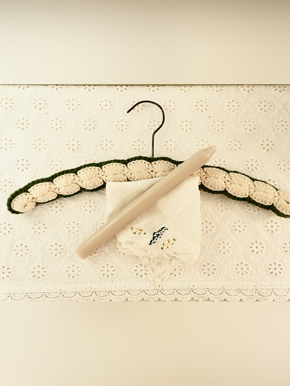 Green & Cream Hand Crochet Vintage Hanger